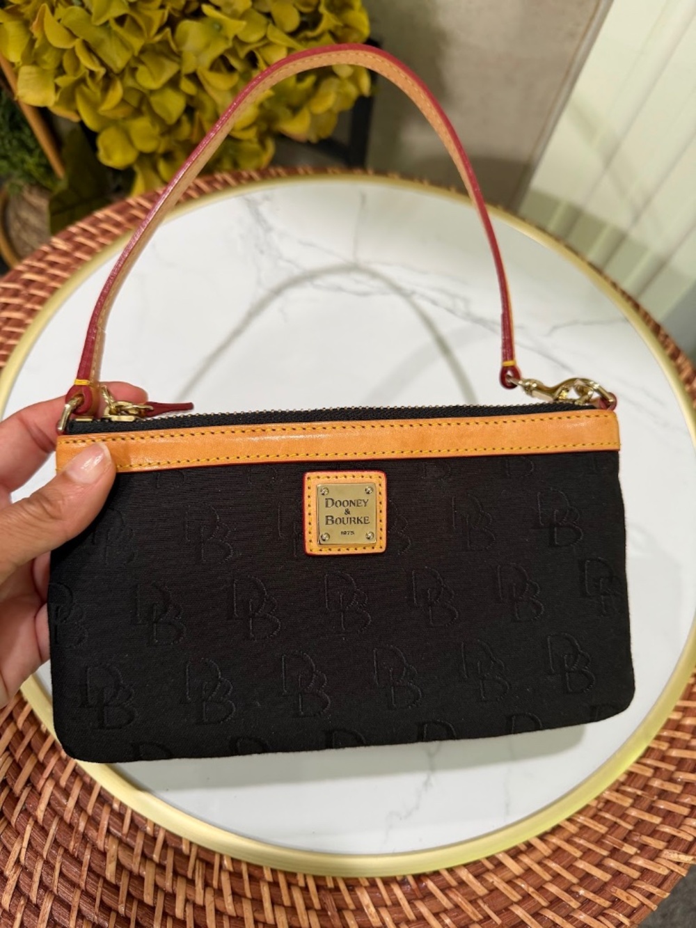 Dooney & Bourke Black Signature Print Canvas Leather Trim Pouch Wristlet Purse